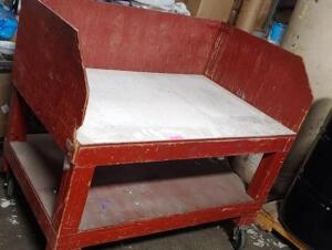 DESCRIPTION: (1) WOODEN MOBILE WORKBENCH INFORMATION: RED & WHITE/SEE FOR INSPECTION QTY: 1