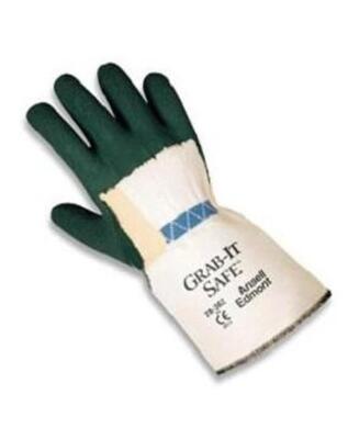 DESCRIPTION: (2) PACKS OF (12) GRAB-IT SAFE GLOVES BRAND/MODEL: ANSELL EDMONT/0493 INFORMATION: LATEX PALM/GREEN & NATURAL RETAIL$: 108.00 PER PK OF 1