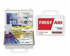 DESCRIPTION: (2) FIRST AID KIT BRAND/MODEL: GRAINGER/54624 INFORMATION: FIT TO SERVE: 11-25 PEOPLE/138-COMPONENTS RETAIL$: 46.01 EACH SIZE: 10"H X 3"W