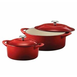 DESCRIPTION: (1) SET OF (2) DUTCH OVEN BRAND/MODEL: TRAMONTINA INFORMATION: RED/CAST IRON RETAIL$: 189.00 PER SET SIZE: 4 QT/7 QT QTY: 1