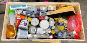 DESCRIPTION: LARGE CRATE OF PAINTING AND HOME REMODELING SUPPLIES INFORMATION: SEE PHOTOS FOR MORE ITEMS INCLUDED QTY: 1
