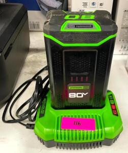 DESCRIPTION: 80V BATTERY WITH CHARGER BRAND/MODEL: GREENWORKS PRO RETAIL$: $168.85 AND $69.63 QTY: 1