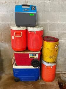 LARGE GROUP OF BEVERAGE DISPENSERS AND COOLERS