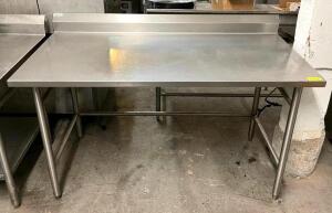 DESCRIPTION: 5' STAINLESS STEEL TABLE WITH BACKSPLASH AND WELDED LEGS SIZE: 60"X30" QTY: 1