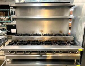 DESCRIPTION: 5' 10-BURNER GAS RANGE WITH 2-TIER RISER STAINLESS STEEL RISER SHELF BRAND/MODEL: JADE SIZE: 60"X38" QTY: 1