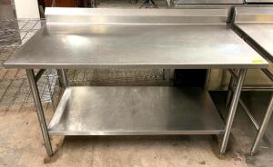 DESCRIPTION: 5' STAINLESS STEEL TABLE WITH BACKSPLASH AND WELDED LEGS WITH UNDERSHELF SIZE: 60"X30" QTY: 1