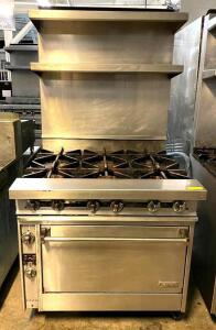 DESCRIPTION: 36" 6-BURNER GAS RANGE WITH OVEN AND 2-TIER STAINLESS RISER SHELF BRAND/MODEL: JADE QTY: 1