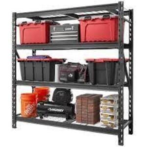 BLACK 4-TIER HEAVY DUTY INDUSTRIAL WELDED STEEL GARAGE SHELVING UNIT (77 IN. W X 78 IN. H X 24 IN. D) BRAND/MODEL HUSKY RETAIL PRICE: $199