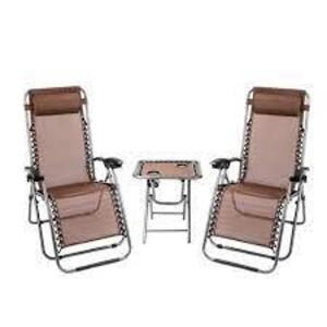 NEW BLACK OUTDOOR STEEL FRAME FOLDING LAWN CHAIR SET, 2 ZERO GRAVITY RECLINER LOUNGE CHAIR AND TABLE