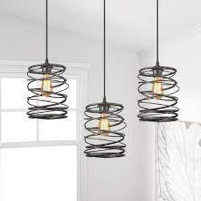 (2) LAVIE 8 IN. 1-LIGHT MOTTLED BLACK INDUSTRIAL PENDANT LIGHT WITH SPIRAL IRON LANTERN CAGE BRAND/MODEL LNC RETAIL PRICE: $67.83 EACH THI