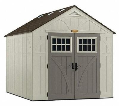 DESCRIPTION: (1)TREMOMT GABLE RESIN STORAGE SHED BRAND/MODEL: SUNCAST/BMS8100 INFORMATION: VANILLA & STONEY/STORAGE CAPACITY: OVER 100 SQ-FT RETAIL$: