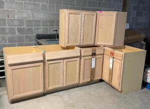 6-PIECE KITCHEN CABINET SET-UNFINISHED (MULTIPLE CABINETS ARE DAMAGED, SEE PHOTOS) THIS LOT IS ONE MONEY QUANTITY 1