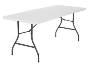 DESCRIPTION: (1) CENTERFOLD FOLDING TABLE BRAND/MODEL: COSCO/14678WSL1 INFORMATION: WHITE & BLACK/WEIGHT CAPACITY: 100 LBS RETAIL$: 55.00 SIZE: 72" X