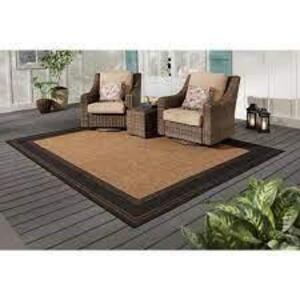 BROWN WITH BLACK BORDER 5 FT. X 7 FT. INDOOR/OUTDOOR AREA RUG BRAND/MODEL HAMPTON BAY RETAIL PRICE: $59.00 QUANTITY 1