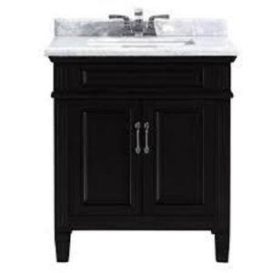 BLAINE 30 IN. VANITY IN BLACK WITH MARBLE VANITY TOP IN CARRARA WHITE (VANITY IS CRACKED ON CORNER, SEE PHOTOS) BRAND/MODEL HOME DECORATOR