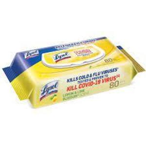 DESCRIPTION: (4) DISINFECTING WIPES BRAND/MODEL: LYSOL BRAND 2 INFORMATION: LEMON RETAIL$: $10.00 EA SIZE: 80 WIPES QTY: 4