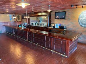 31' MAHOGANY WOOD BAR FRONT WITH PANEL FRONT / BRASS RAIL / (5) - USB PORTS / AND (10) COAT HOOKS