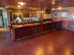 22' MAHOGANY WOOD BAR FRONT AND BACK SYSTEM - WITH PANEL BAR FRONT / BRASS RAIL / (4) - USB PORTS / (8) COAT HOOKS