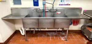 9' 3-COMPARTMENT STAINLESS STEEL SINK WITH DOUBLE DRAINBOARDS AND DOWN SPRAYER