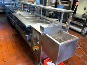 18' STAINLESS CHEFS LINE W/ STEAM TABLE, REMOTE COOLED 8 DRAWER REFRIGERATED LINE.