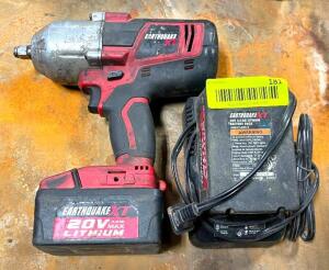 DESCRIPTION: 20V 1/2" CORDLESS IMPACT WRENCH WITH EXTRA BATTERY AND CHARGER BRAND/MODEL: EARTHQUAKE EQ12XT-20V LOCATION: WAREHOUSE LOCATION: 6249 LORE