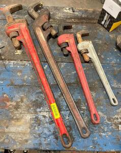 DESCRIPTION: (4) ASSORTED PIPE WRENCHES LOCATION: WAREHOUSE LOCATION: 6249 LORENS LN. CEDAR HILL, MO 63016 QTY: 4