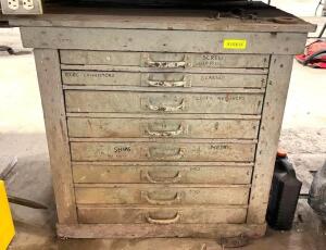 DESCRIPTION: 8-DRAWER WOODEN CABINET WITH CONTENTS OF ASSORTED HARDWARE INFORMATION: SEE PHOTOS FOR MORE DETAIL ON HARDWARE SIZE: 35"X24"X35" LOCATION