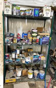 DESCRIPTION: SHELVING UNIT WITH ASSORTED PAINT AND SUPPLIES LOCATION: WAREHOUSE LOCATION: 6249 LORENS LN. CEDAR HILL, MO 63016 QTY: 1