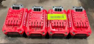 DESCRIPTION: (4) CRAFTSMAN 20V 4.0 AH LITHIUM ION BATTERIES BRAND/MODEL: CMCB204 LOCATION: WAREHOUSE LOCATION: 6249 LORENS LN. CEDAR HILL, MO 63016 QT