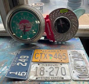 VINTAGE AUTO WALL CLOCKS AND ASSORTED PLATES