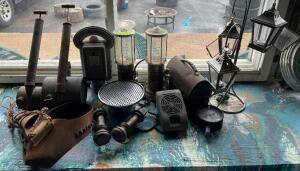 LARGE GROUP OF VINTAGE DECOR - LIGHTS / AUTO PARTS / WESTERN WEAR / TOOLS / HARDWARE / ETC.