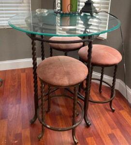 DESCRIPTION: GLASS TOP PUB HEIGHT TABLE WITH (3) STOOLS LOCATION: HOUSE #2 LOCATION: 6521 WOODLAND DRIVE CEDAR HILL, MO 63016 QTY: 1