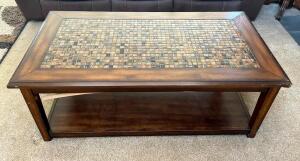 DESCRIPTION: WOODEN MOSAIC COFFEE TABLE SIZE: 48"X26"X18" LOCATION: HOUSE #2 LOCATION: 6521 WOODLAND DRIVE CEDAR HILL, MO 63016 QTY: 1