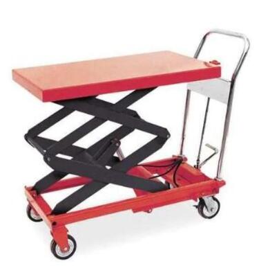 DESCRIPTION: (1) MANUAL MOBILE SCISSOR-LIFT TABLE BRAND/MODEL: DAYTON/3KR47 INFORMATION: LOAD CAPACITY: 800 LBS/RED/HYDRAULIC RETAIL$: 1,499 SIZE: 38-