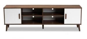 DESCRIPTION: (1) MID-CENTURY MODERN TV STAND BRAND/MODEL: BAXTON STUDIO/TV8003 INFORMATION: COLUMBIA WALNUT & WHITE/2-DOOR/4-OPENING RETAIL$: 320.00 S