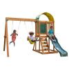 DESCRIPTION: (1) AINSLEY WOODEN OUTDOOR SWING SET BRAND/MODEL: KIDKRAFT/B24145 INFORMATION: CHALK WALL/CANOPY/ROCK WALL RETAIL$: 399.99 SIZE: 10'1.15"