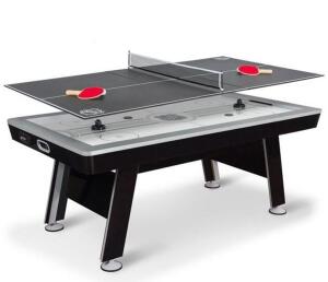 DESCRIPTION: (1) DEFENDER AIR HOCKEY TABLE BRAND/MODEL: NHL/10915 INFORMATION: WITH TABLE TENNIS TOP/BLACK/2-IN-1 RETAIL$: 329.99 SIZE: 80"L X 43"W X