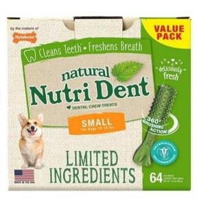 DESCRIPTION: (2) PACKS OF (64) NATURAL NUTRI-DENT DOG CHEW TREATS BRAND/MODEL: NYLABONE/NTD441T64P INFORMATION: GREEN/FOR DOGS: 10-15LBS RETAIL$: 40.9