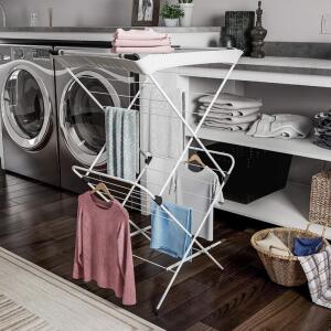 2 TIERED LAUNDRY SORTER WITH RUST RESISTANT METAL FRAME AND NYLON MESH TOP FOR FOLDING AND HANGING GARMENTS
