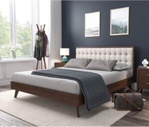 SOLOMAN MID CENTURY MODERN UPHOLSTERED PLATFORM BED FRAME WITH SQUARE BUTTON TUFTED HEADBOARD AND FULL WOODEN SLATS