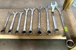 DESCRIPTION: (9) LARGE COMBINATION WRENCHES SIZE: SEE PHOTOS FOR SIZES QTY: 1