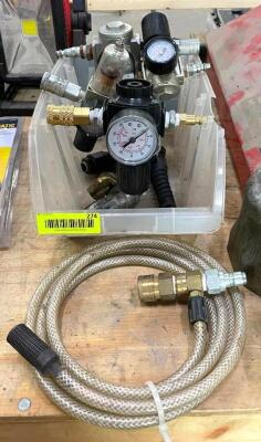 DESCRIPTION: ASSORTED PRESSURE GAUGES AND REGULATORS WITH AIR HOSE QTY: 1