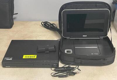 DESCRIPTION: BLUE RAY AND PORTABLE DVD PLAYER SET ADDITIONAL INFORMATION: SOLD AS SET. LOCATION: OFFICE THIS LOT IS: ONE MONEY QTY: 1