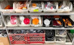 DESCRIPTION: LARGE GROUP OF ASSORTED LIGHTS / BULBS / REFLECTORS / MOUNTS / AND OTHER ASSORTED LIGHTING PRODUCTS ADDITIONAL INFORMATION: (3) - SHELVES