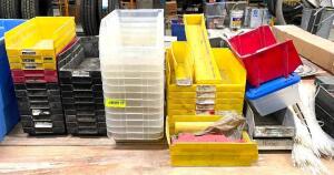 DESCRIPTION: LARGE GROUP OF ASSORTED CONTAINERS / ORGANIZERS / ZIP TIES / ORGANIZING HARDWARE ADDITIONAL INFORMATION: SOLD AS SET. LOCATION: WOOD TABL