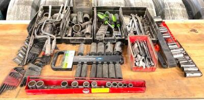 DESCRIPTION: CONTENTS OF SHELF (ASSORTED SOCKETS AND HAND TOOLS AS SHOWN) QTY: 1