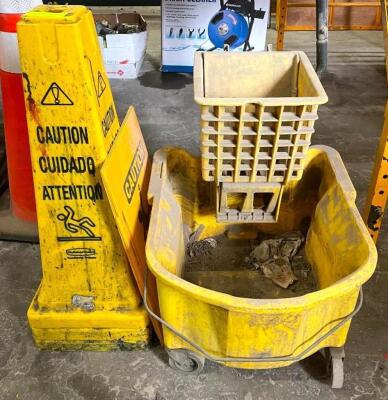 DESCRIPTION: ASSORTED WET FLOOR SIGNS & MOP BUCKET AS SHOWN QTY: 1