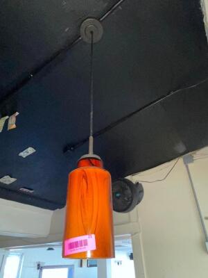 (3) ORANGE GLASS CYLINDER PENDANT LIGHT FIXTURES.