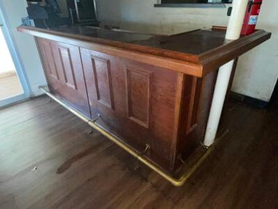 8' X 3' " L ": SHAPED WOODEN BAR W/ BRASS FOOT RAIL