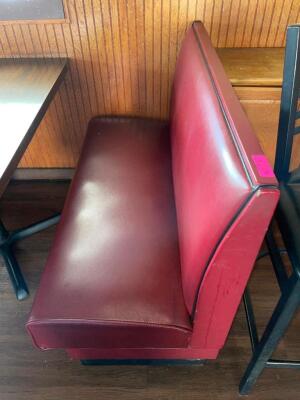 (4) SECTIONS OF 48" RED VINYL BOOTH SEATING. W/ (2) END CAPS AND (3) DOUBLE SECTIONS. INCLUDED TABLES.